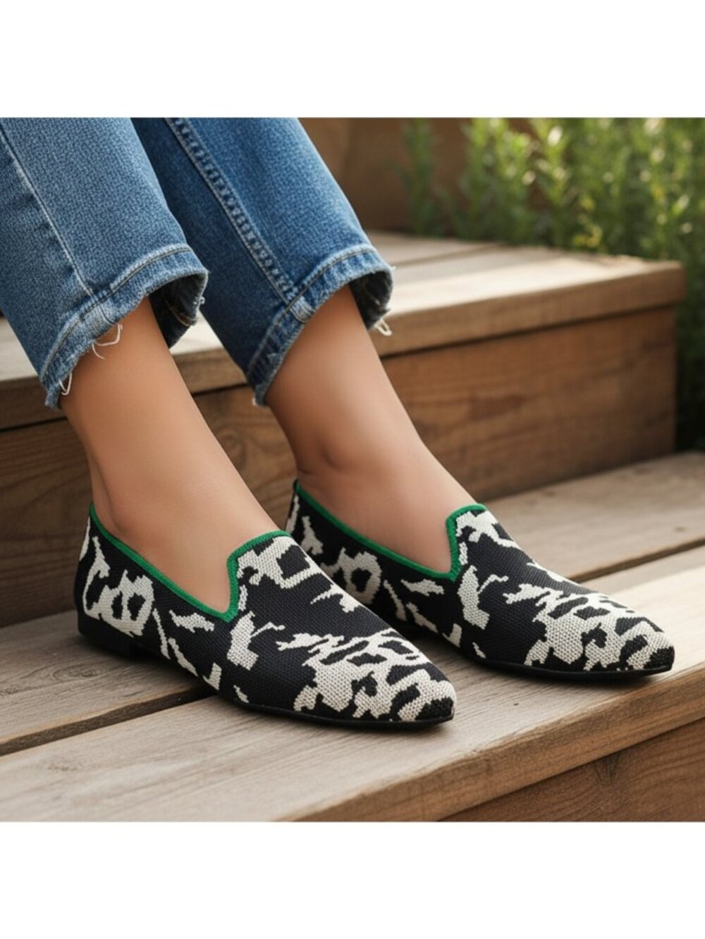 Leopard Knit Ballet Flat Shoes Pointed Toe Slip-On Loafer Color Contrasting Trim